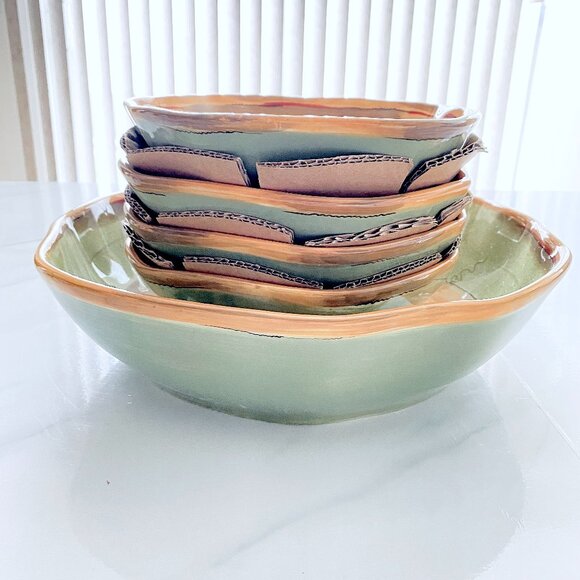 BNIB RUSTIC VINES Pasta Bowls Vintage Dinner Hand Painted Clay Art Set of 5 - Picture 3 of 4